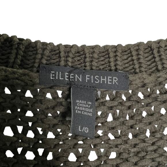 Eileen Fisher L Womens Crew Neck Open Knit Crochet Sweater Olive Green - Picture 3 of 8